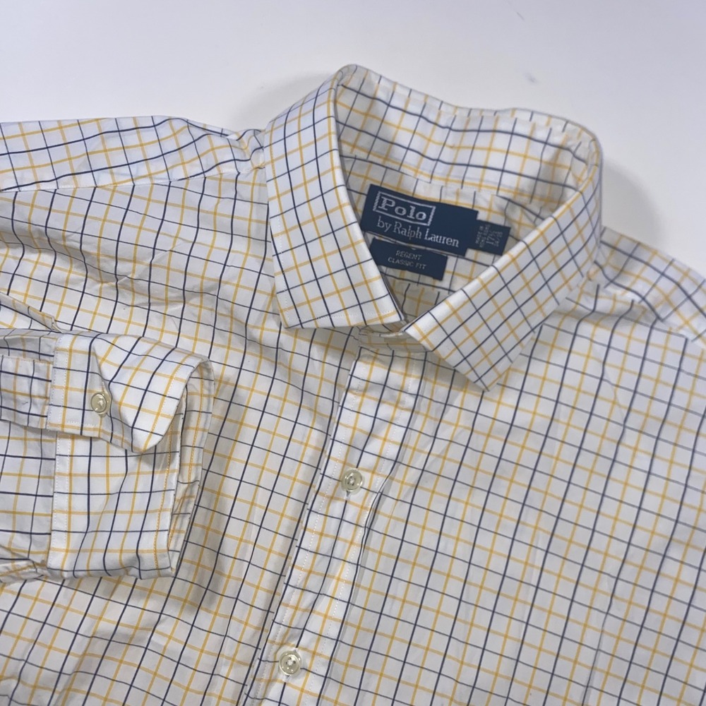 Polo Ralph Lauren Regent Classic Fit Shirt Mens 17.5 34/35 Yellow Navy Check